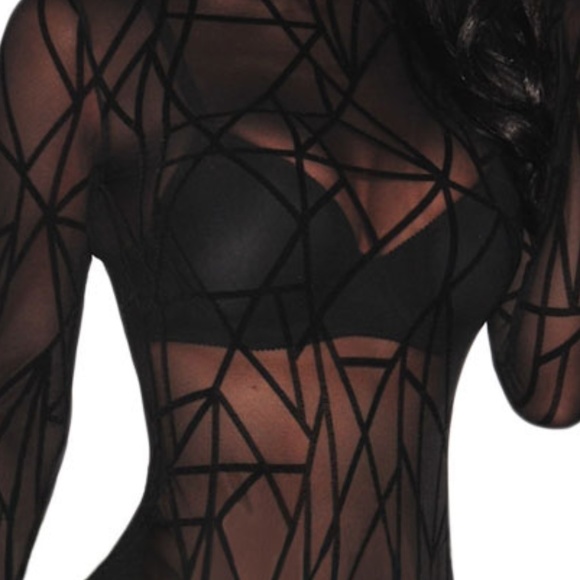 NWT Black Sheer Geometric Velvet Bodysuit - Picture 4 of 6
